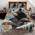 Majestic black bear bedding set showcasing winter forest artwork with snow and oak leaves.