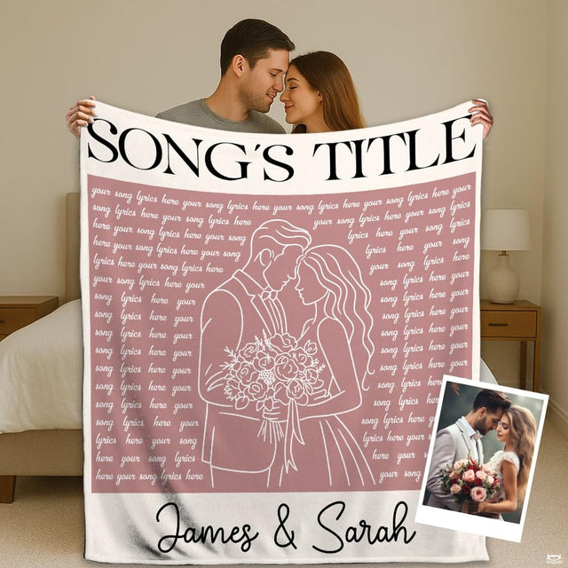 Couple holding the bridal illustration design showing white line art on dusty rose.