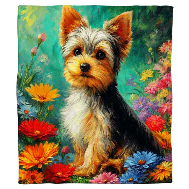 Close up painterly floral dog bed design featuring yorkie pup and red daisies