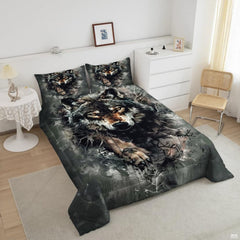 Angled view of forward-facing dark wolf artwork in smoky forest tones