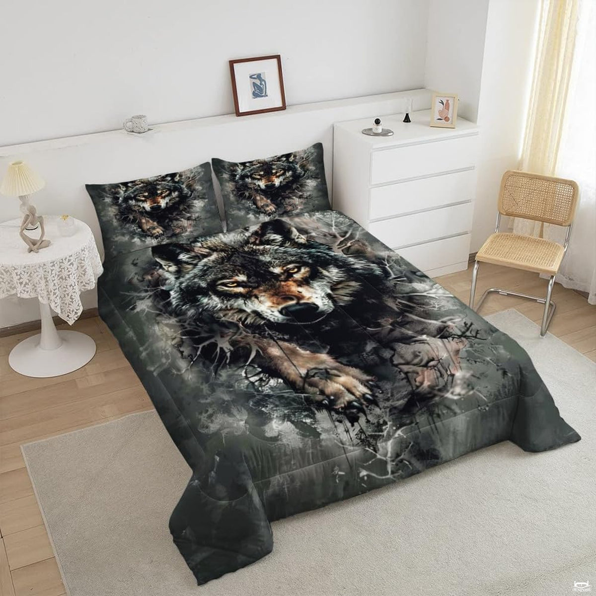 Angled view of forward-facing dark wolf artwork in smoky forest tones