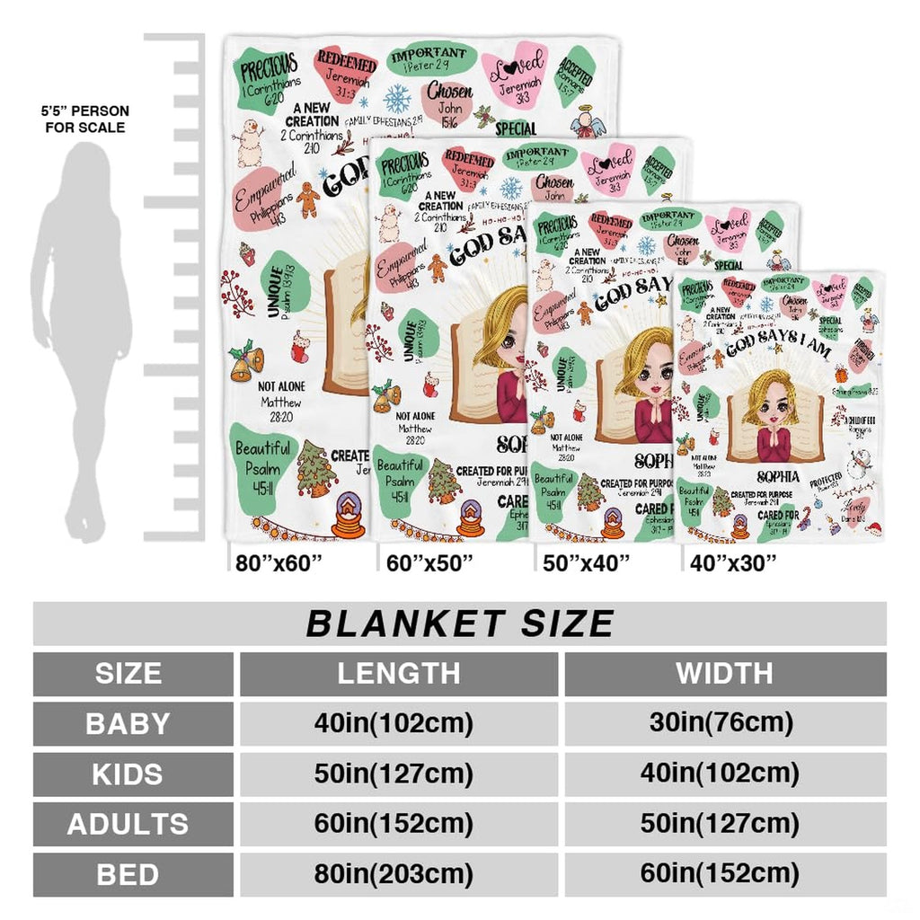 God says I am Christmas scripture faith holiday blanket showing praying girl and snowmen view 7