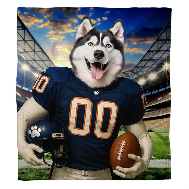 Siberian husky football player wearing navy orange jersey on stadium dog bedding set.