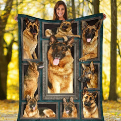 Bedroom decor displaying German Shepherd damask artwork draped gracefully.