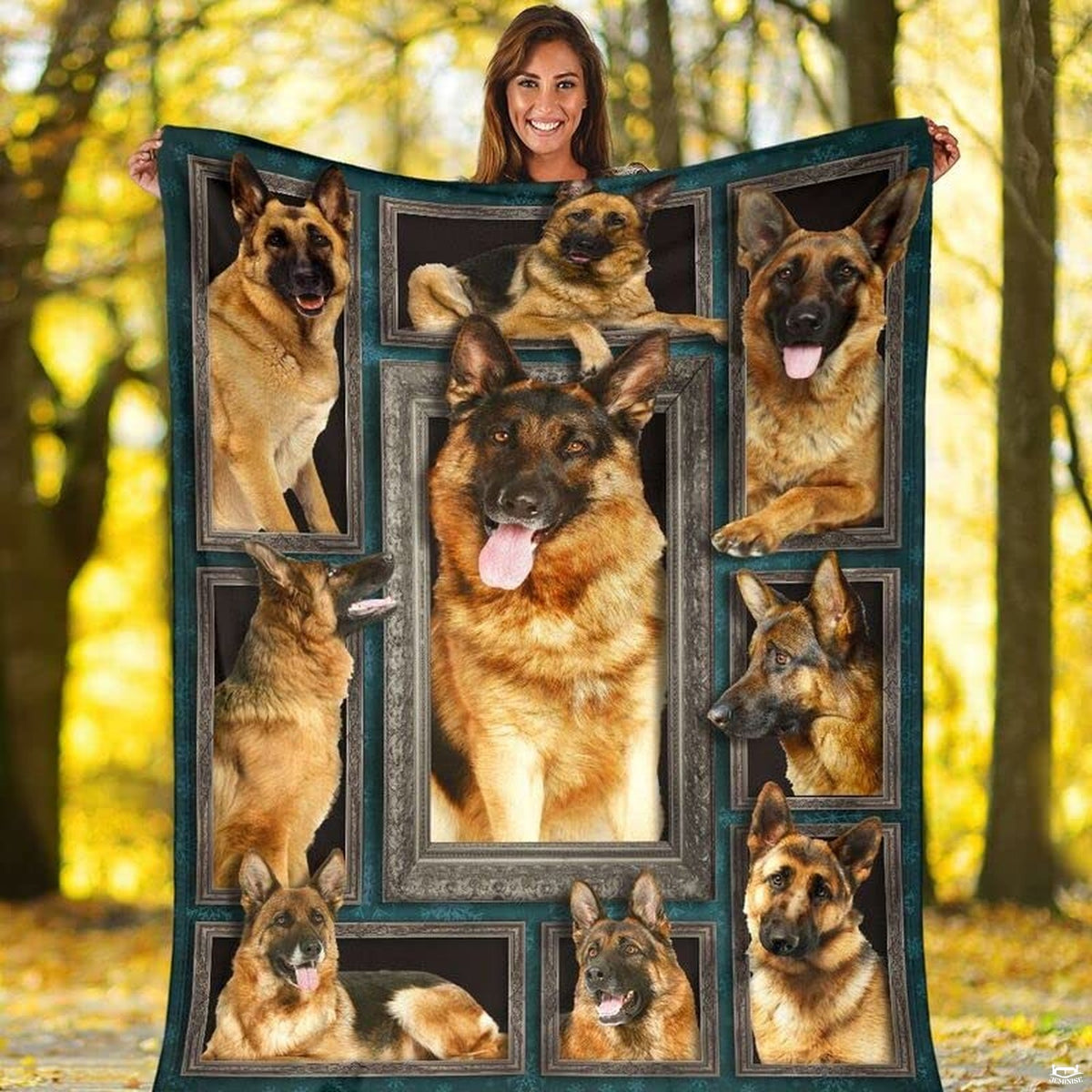 Bedroom decor displaying German Shepherd damask artwork draped gracefully.