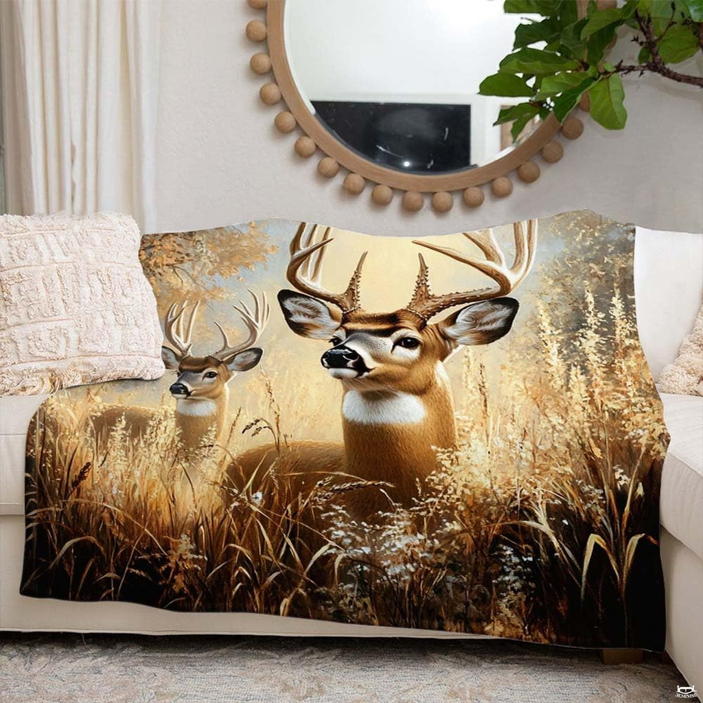 Full flat layout of rectangular whitetail deer bucks throw blanket