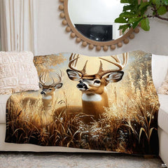 Full flat layout of rectangular whitetail deer bucks throw blanket