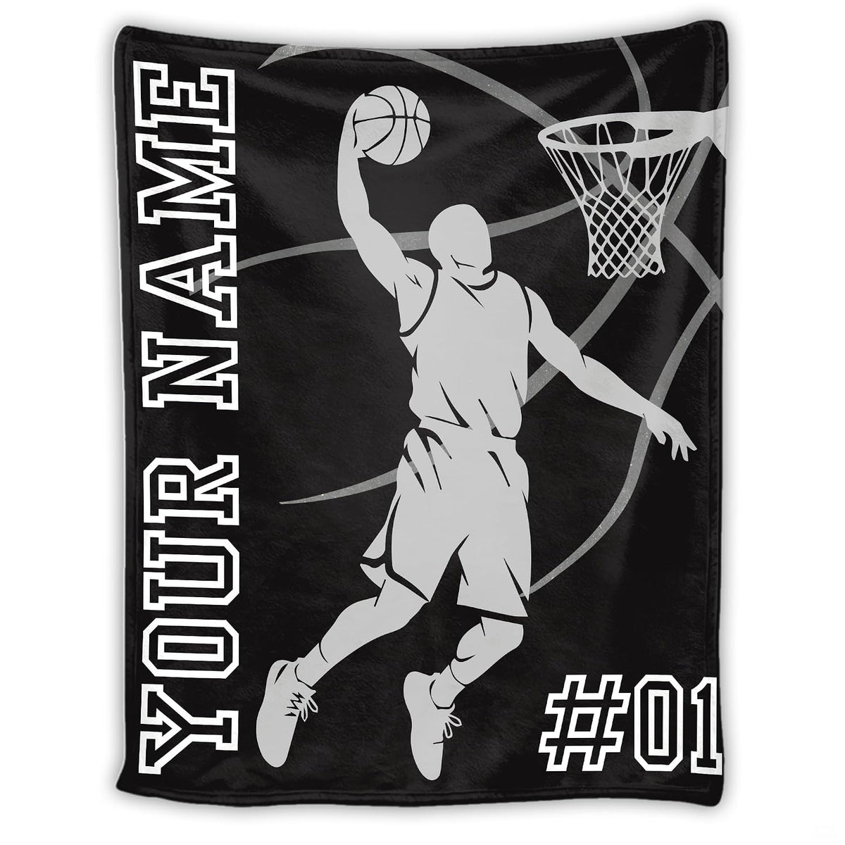 Basketball slam dunk silhouette with hoop and varsity athletic lettering, view 1.