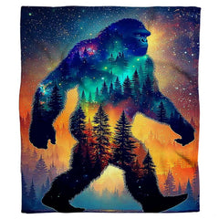 Detailed view of Sasquatch profile filled with starry night skies and evergreen pine woodlands.