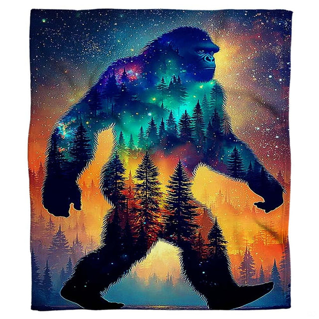 Detailed view of Sasquatch profile filled with starry night skies and evergreen pine woodlands.