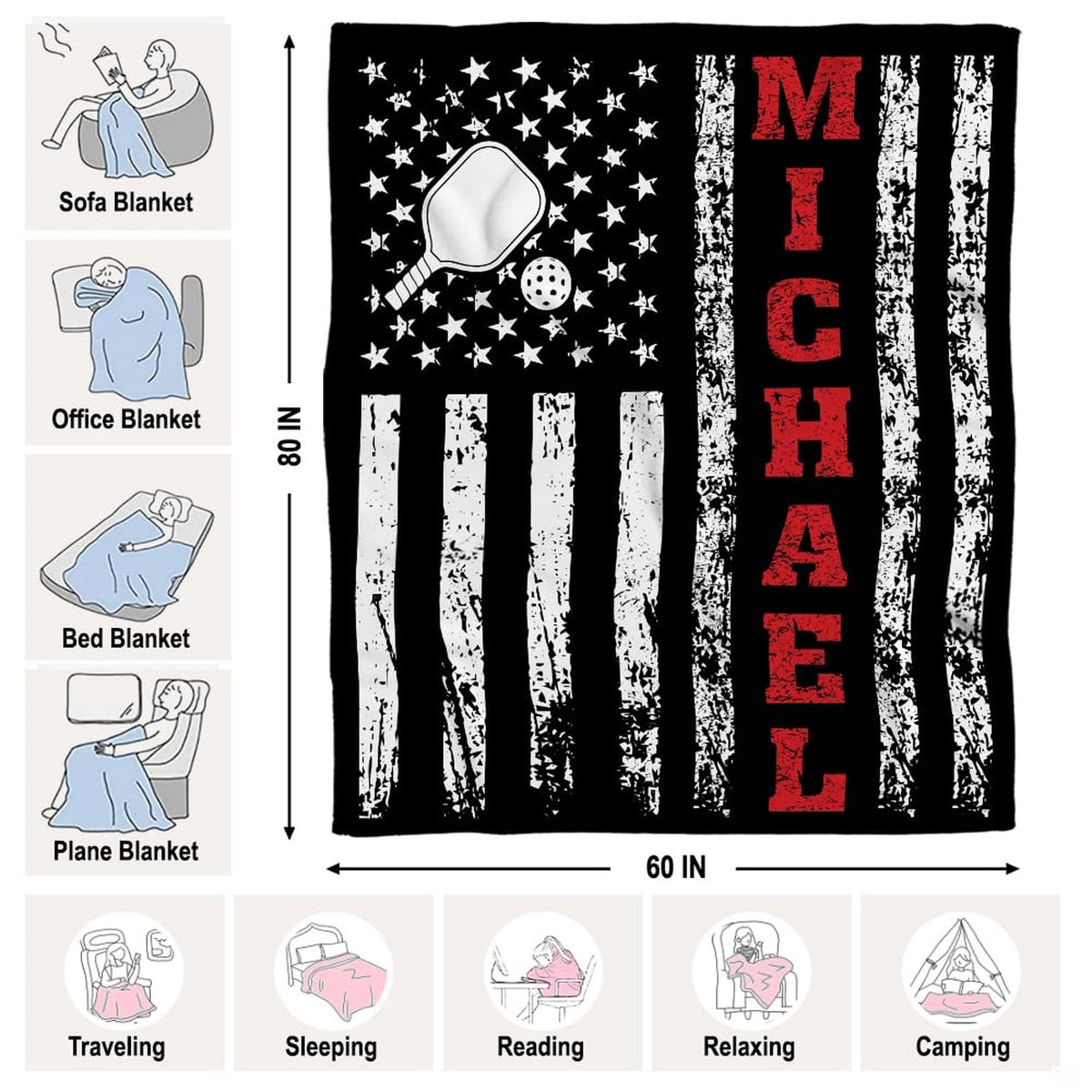 Distressed American flag graphic with pickleball paddle and red lettering, view 4.