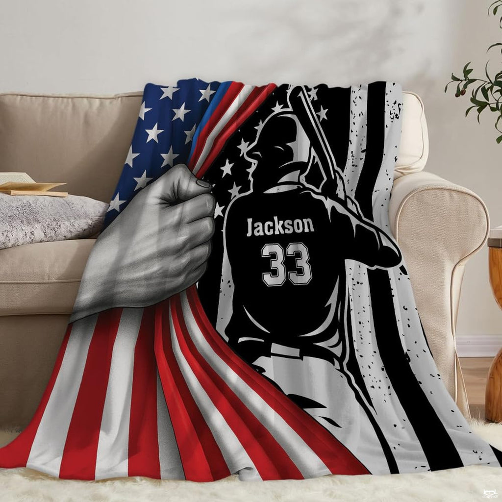Close-up view of batter silhouette with vintage striped backdrop on sports theme bedsheets.