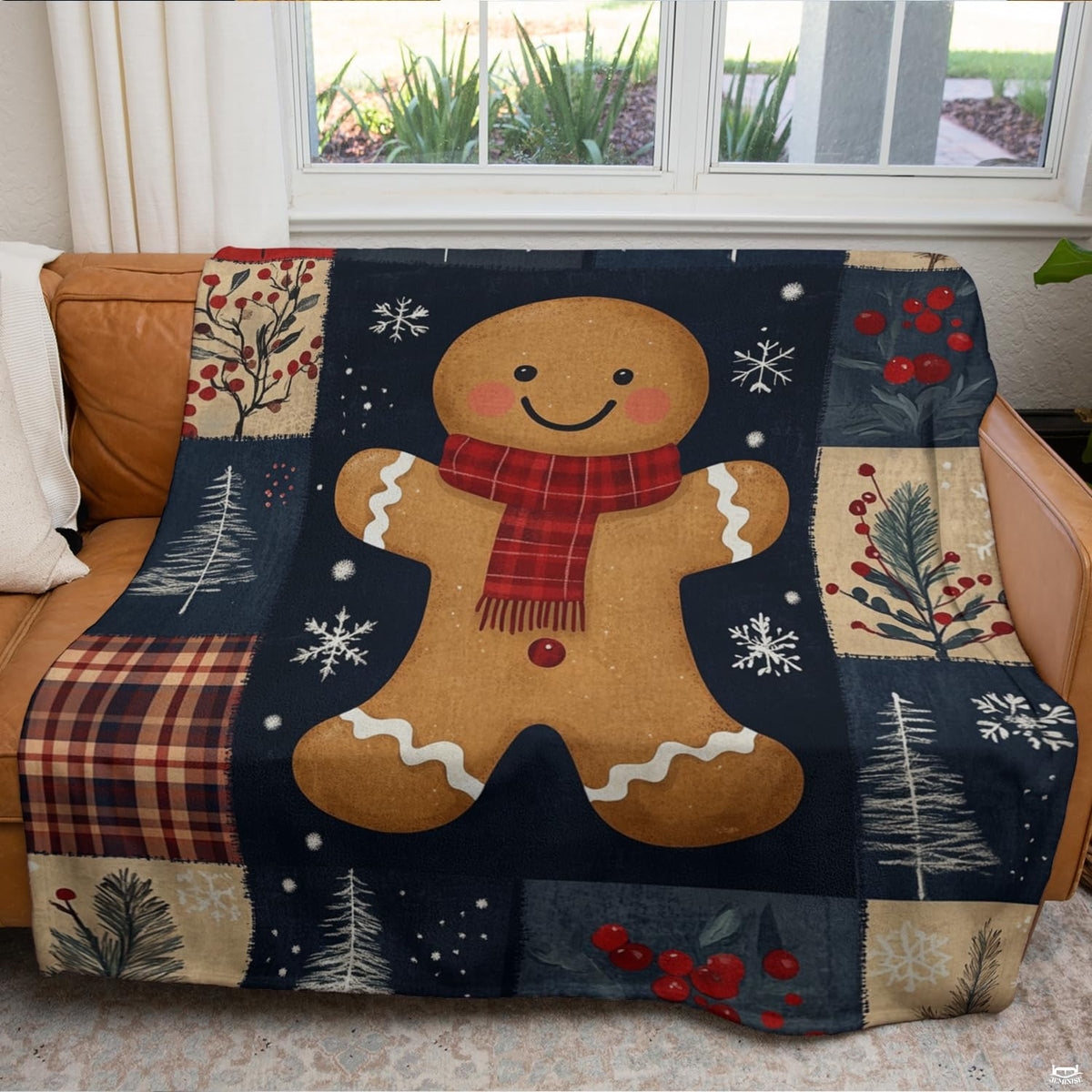 Seasonal bedroom styling showcasing rustic holiday patchwork grid, pine tree prints, and Christmas holiday bedding.