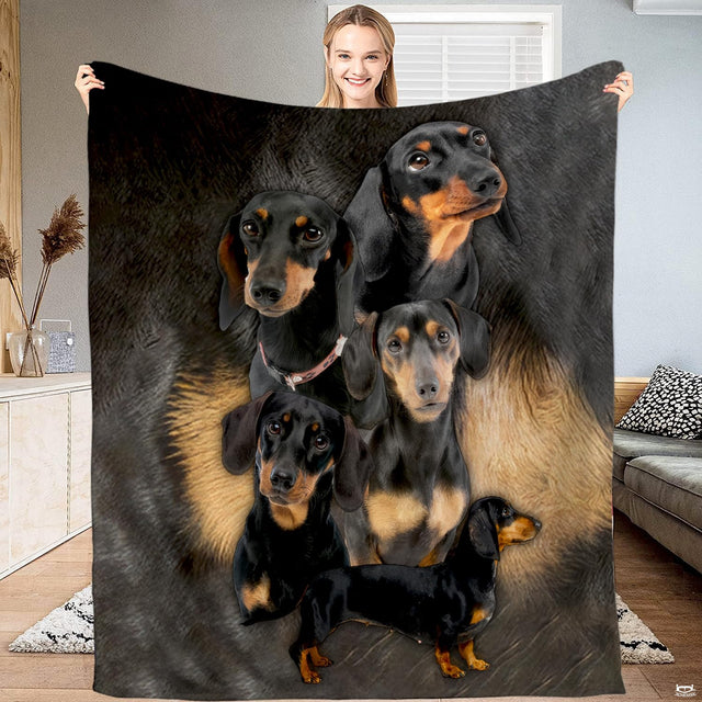Black and tan Dachshund dog portrait blanket held by person