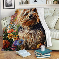 Oil painting portrait of Yorkshire terrier dog surrounded by garden wildflowers, view 2.