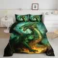 Mint seafoam dragon galaxy bedding set showing a mythical winged beast soaring through cosmic jade and stardust.