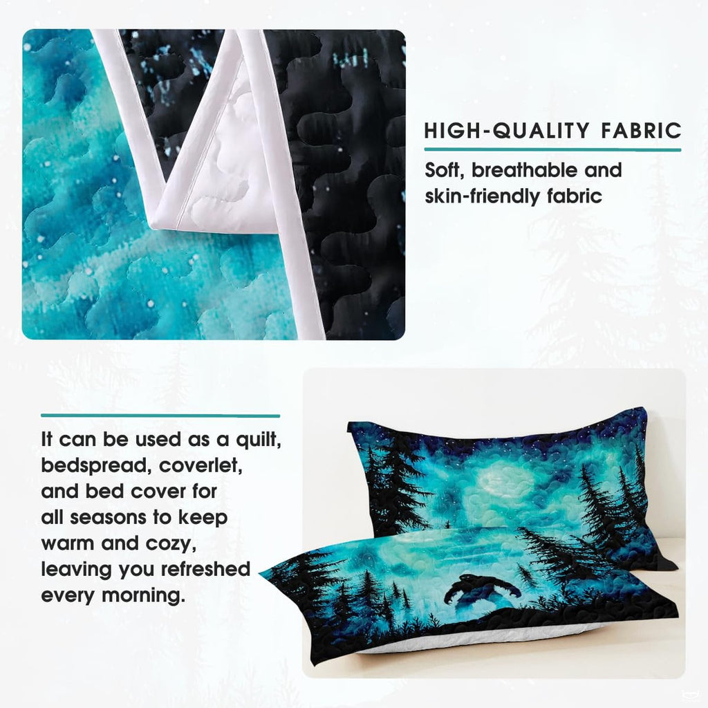 Overhead view of Bigfoot mystical forest bedding set displaying luminous teal sky and starry pine forest decor.