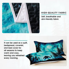 Overhead view of Bigfoot mystical forest bedding set displaying luminous teal sky and starry pine forest decor.