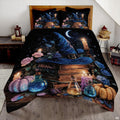 Witch hat and potion bedding in a bright bedroom