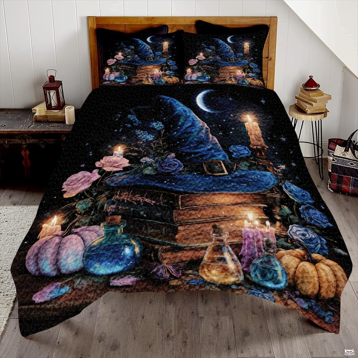 Witch hat and potion bedding in a bright bedroom