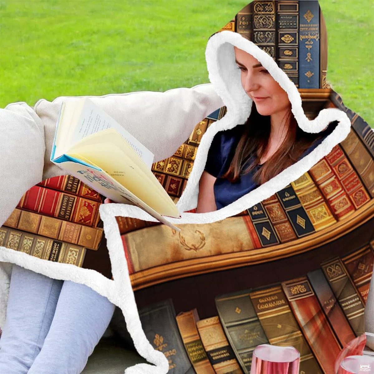 thematic accent reader and stacked novel artwork blending seamlessly into comic book bed set styling.