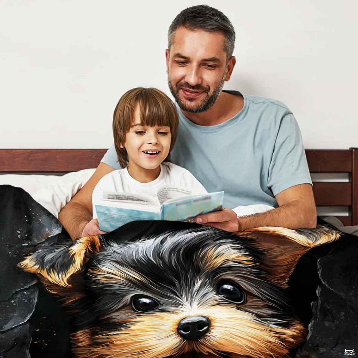 Charming Yorkie pup design on bedding displayed in a modern bedroom setting with thematic accent lighting.