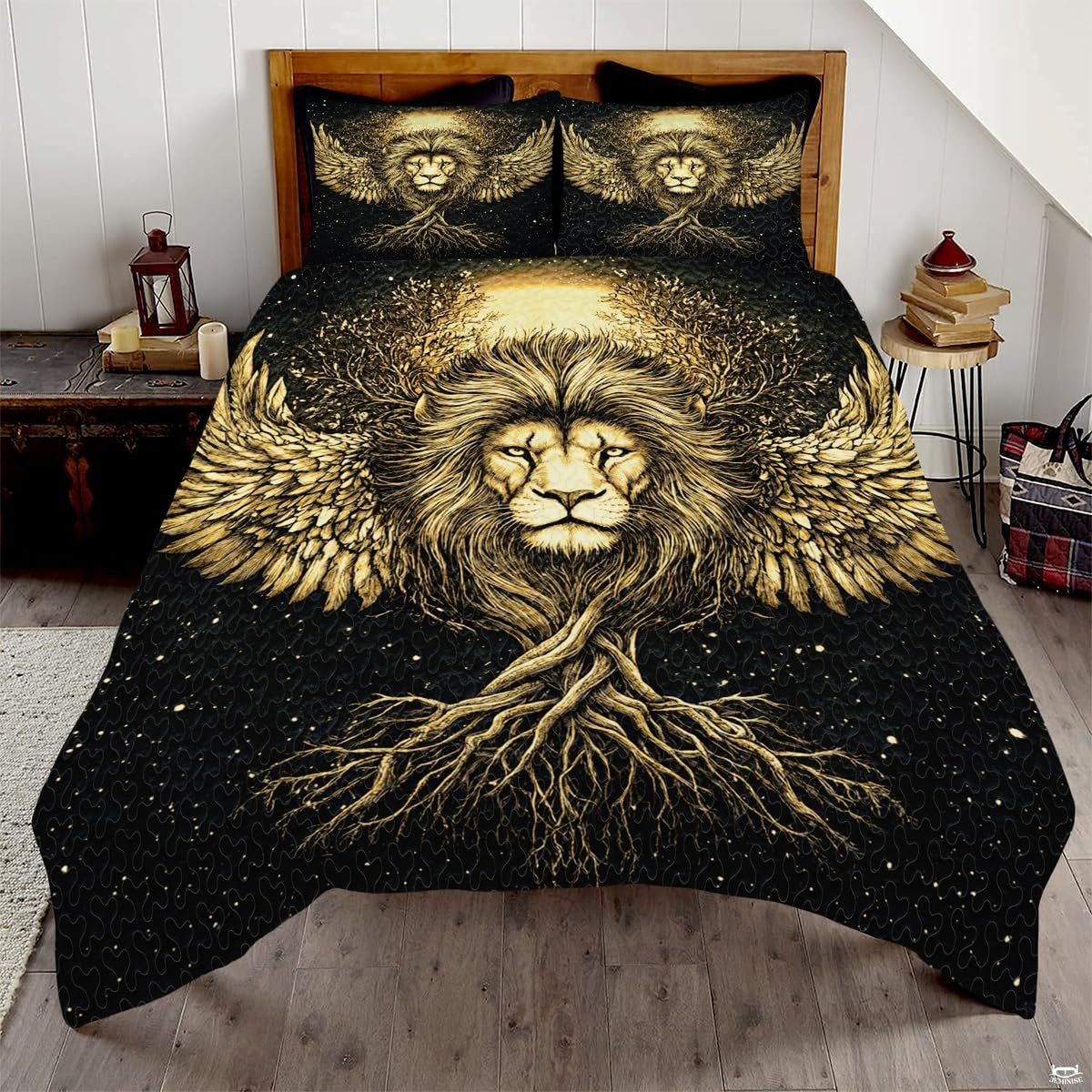 Winged lion Tree of Life bedding displaying golden lion with feathered wings and roots against starry black background