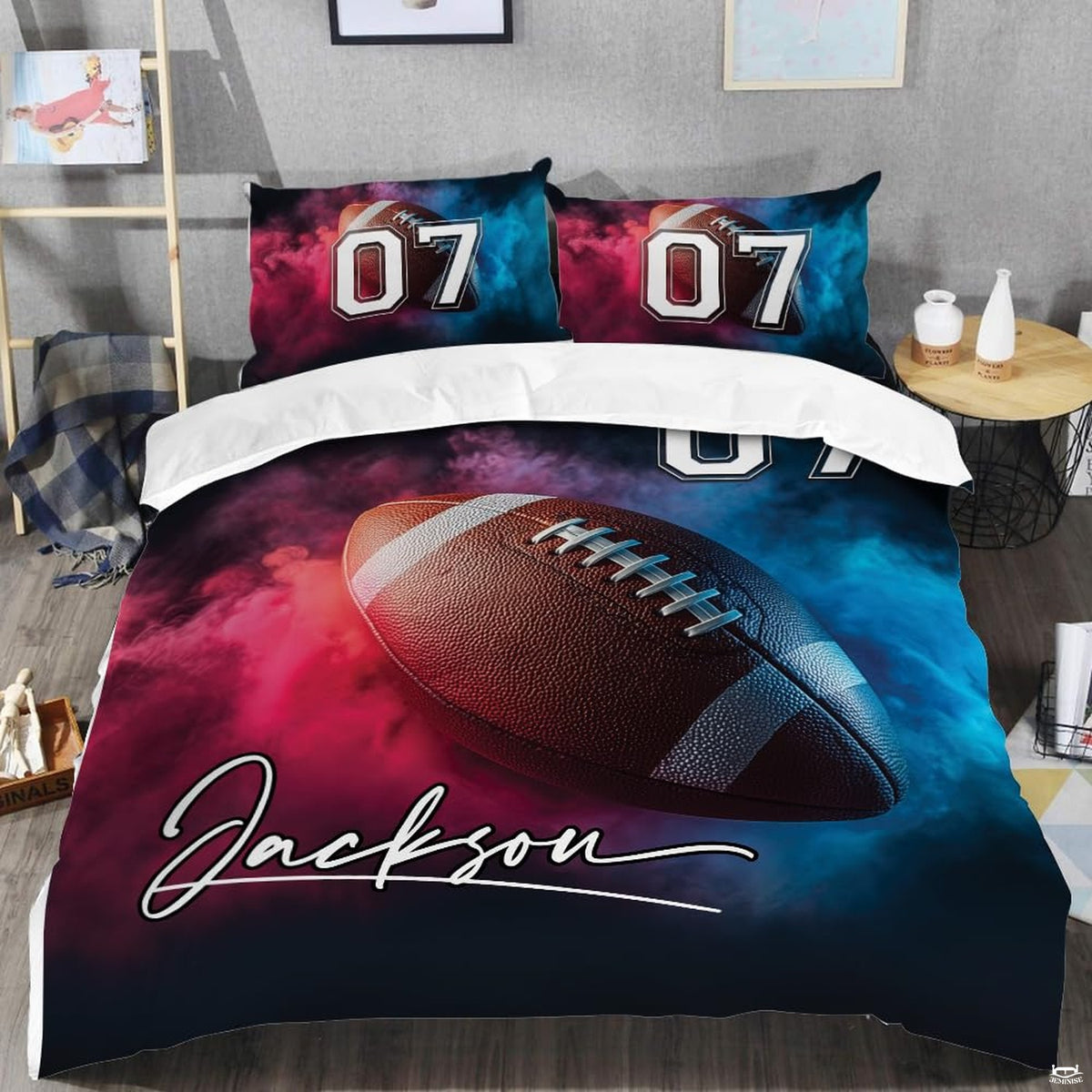 Modern sports bedroom decor styling with a neon smoke football graphic bedding set