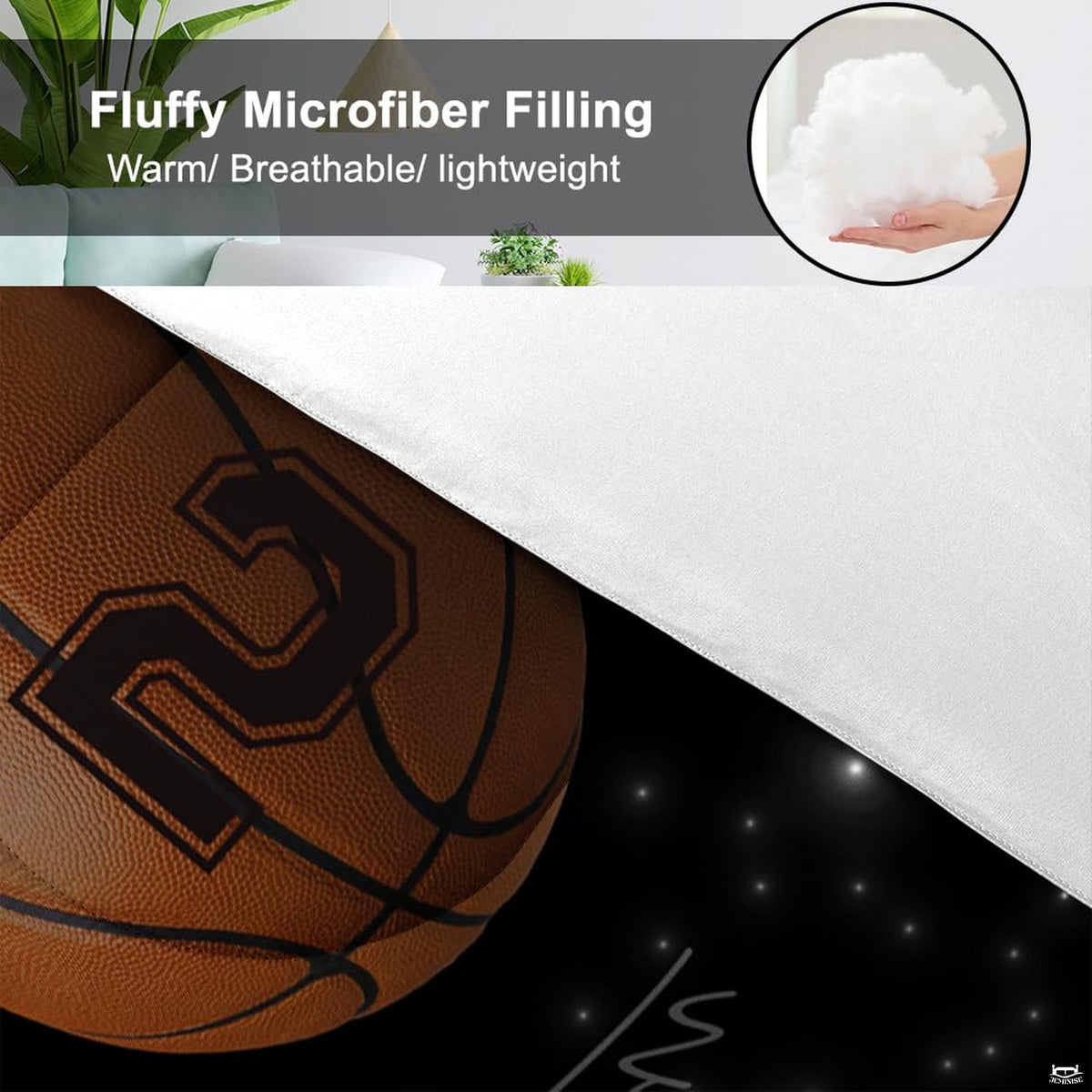 Matching pillowcase detail for athletic sports bedding set featuring coordinating basketball graphics