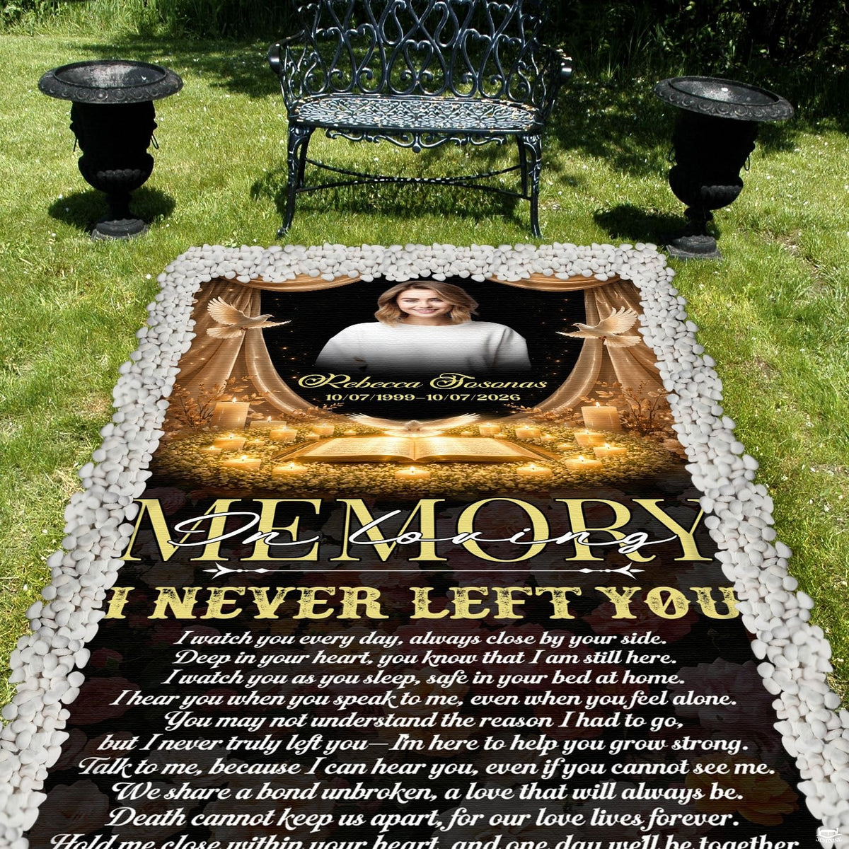 Close-up highlighting graphic sharpness and finished border on the memorial blanket