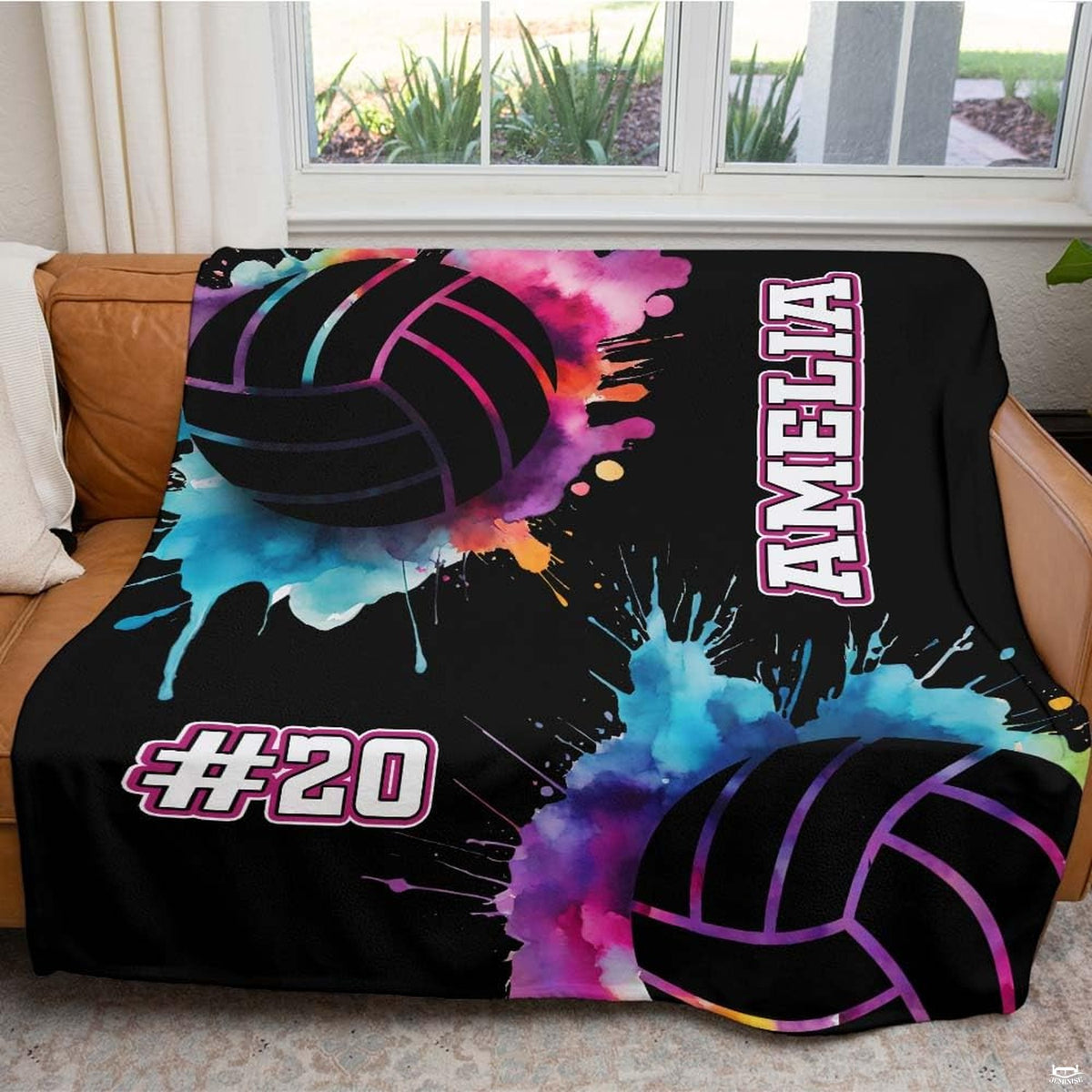 Watercolor splatter volleyball throw blanket view 5 showing neon athletic graphics and paint drips