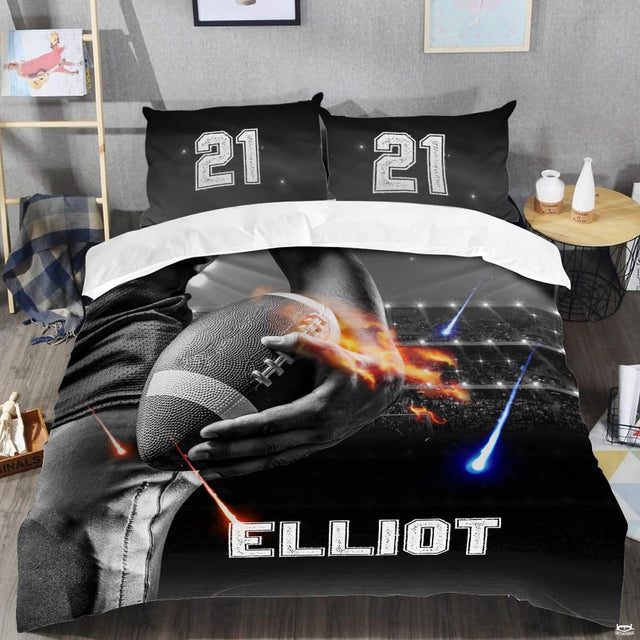 Close-up visual of football player bed sheets design with dynamic flame effects and textured sports graphics