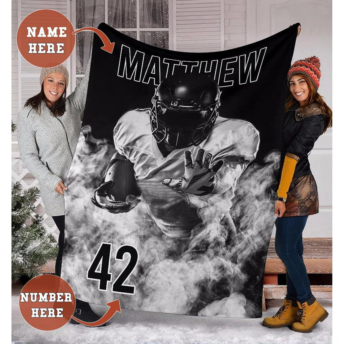 Close view of football player helmet, dark visor, and smoke on blanket