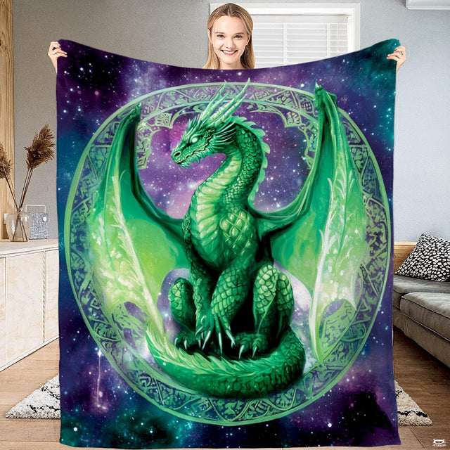 Emerald Celtic dragon throw blanket featuring a noble green dragon in a Celtic knot ring set against a starry galaxy nebula