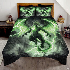 Lightning dragon comforter mockup with green winged dragon in a dark storm