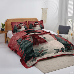 Bedroom lifestyle setup displaying holiday snowman theme on a made bed beside cane headboard.