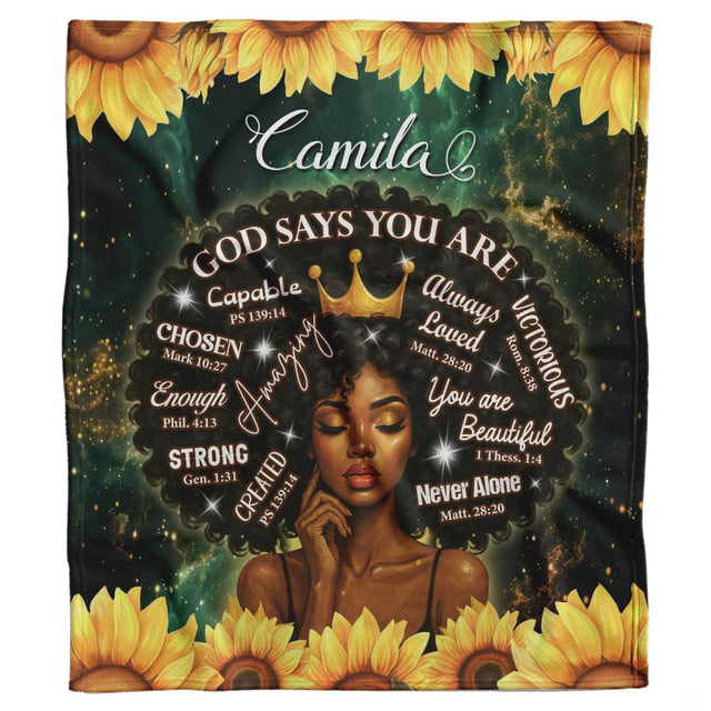 Inspirational sunflower queen throw blanket draped across living room sofa