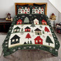 Winter village folk art illustration with country houses and pine trees across country home bedding.