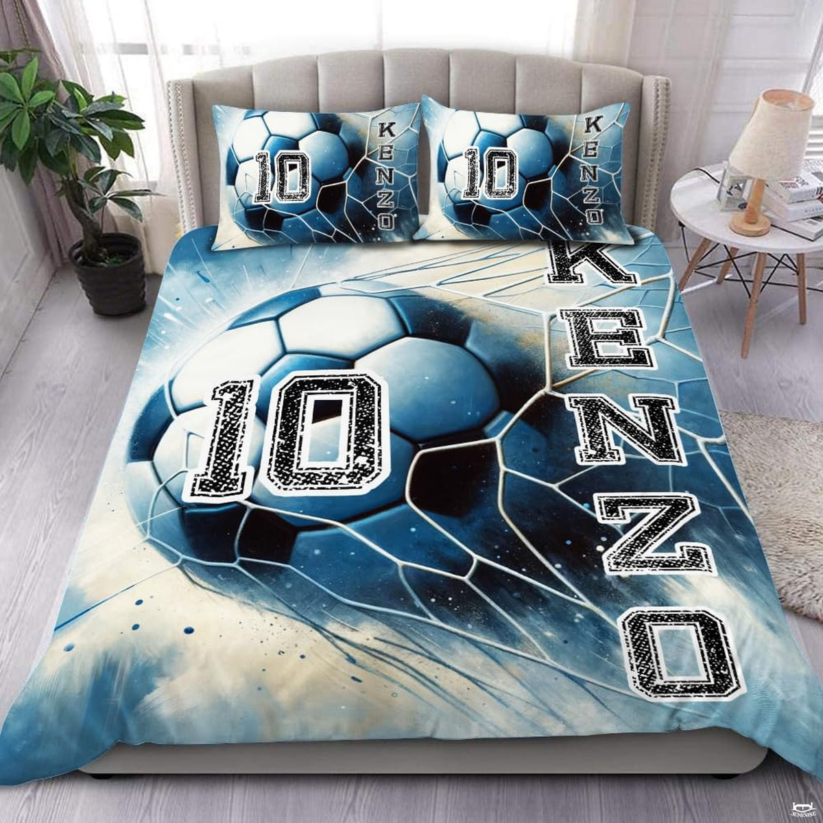 Steel blue and slate soccer ball sports bedding set displayed on a bed in a modern athletic bedroom