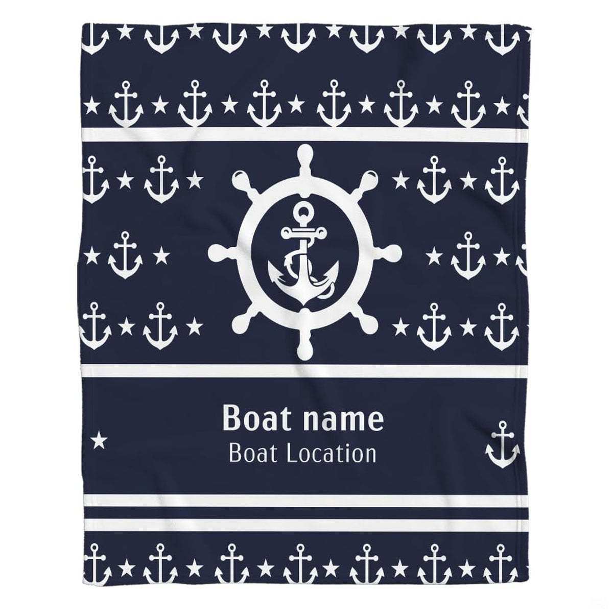 Nautical helm and anchor graphic blanket draped across bedroom bed