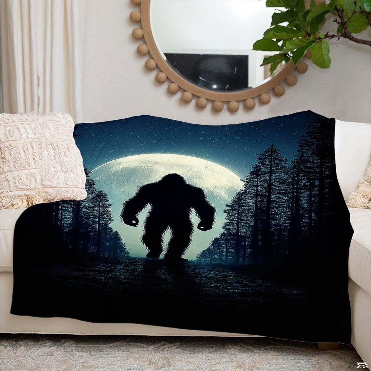 Full flat lay of the Bigfoot giant full moon night forest blanket composition.