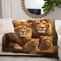 Bedroom setting featuring lion pride wildlife bedding alongside matching pillows and thematic accent earthy accents.