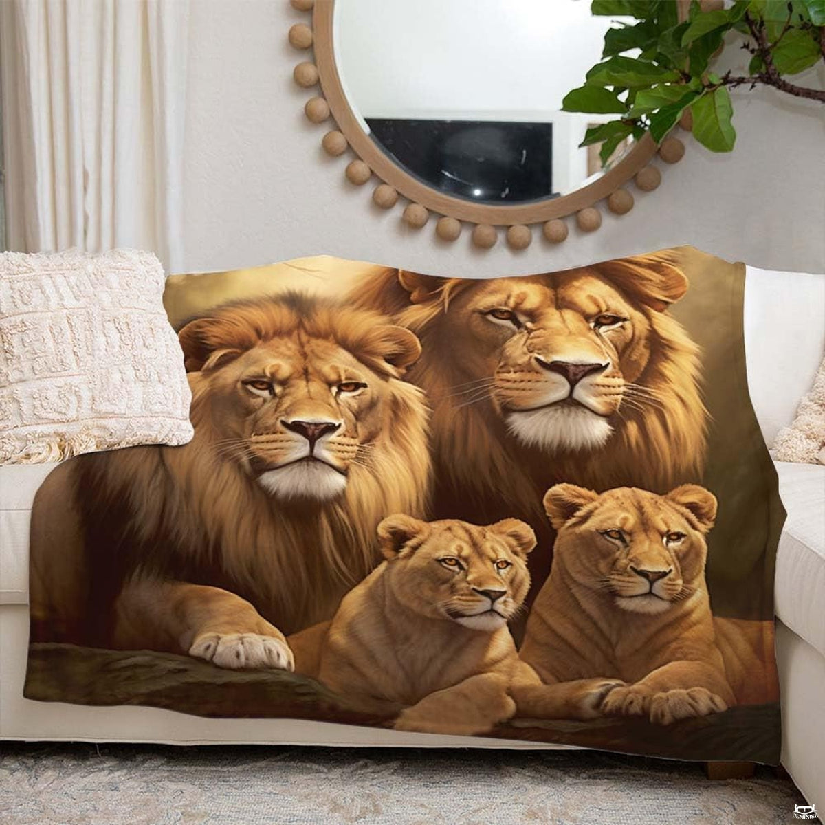Bedroom setting featuring lion pride wildlife bedding alongside matching pillows and thematic accent earthy accents.