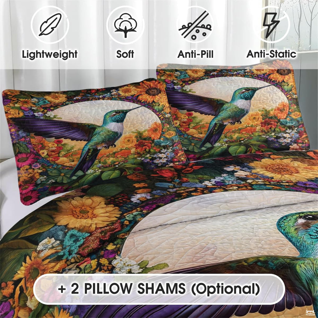 Close view of purple-wing hummingbird pillows framed by garden flowers
