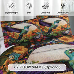 Close view of purple-wing hummingbird pillows framed by garden flowers