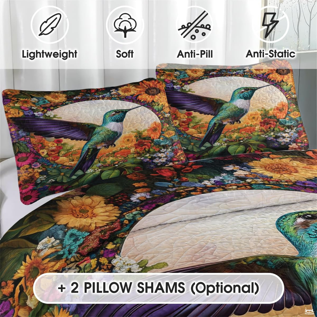 Close view of purple-wing hummingbird pillows framed by garden flowers