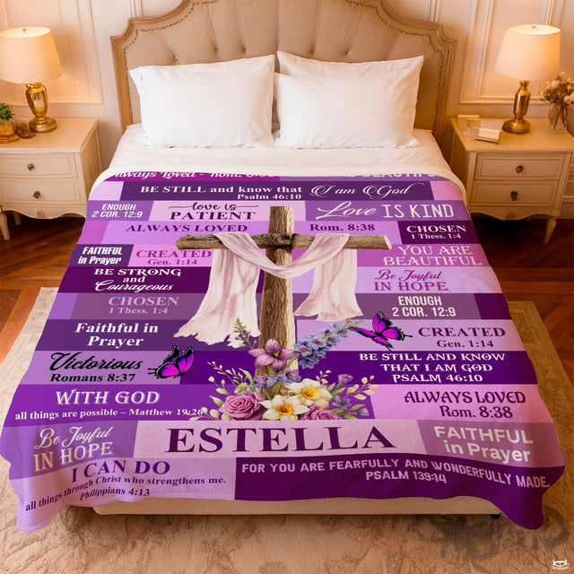 Custom Purple Floral Cross with Butterflies Blanket, Machi - Design 14