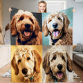 Four grid doodle dog pop art portrait blanket held upright by model