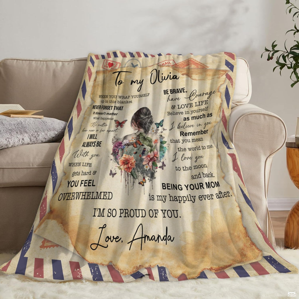 Mother daughter airmail throw blanket view 6 highlighting postal cancel stamps, floral art, and parchment