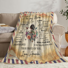 Mother daughter airmail throw blanket view 6 highlighting postal cancel stamps, floral art, and parchment